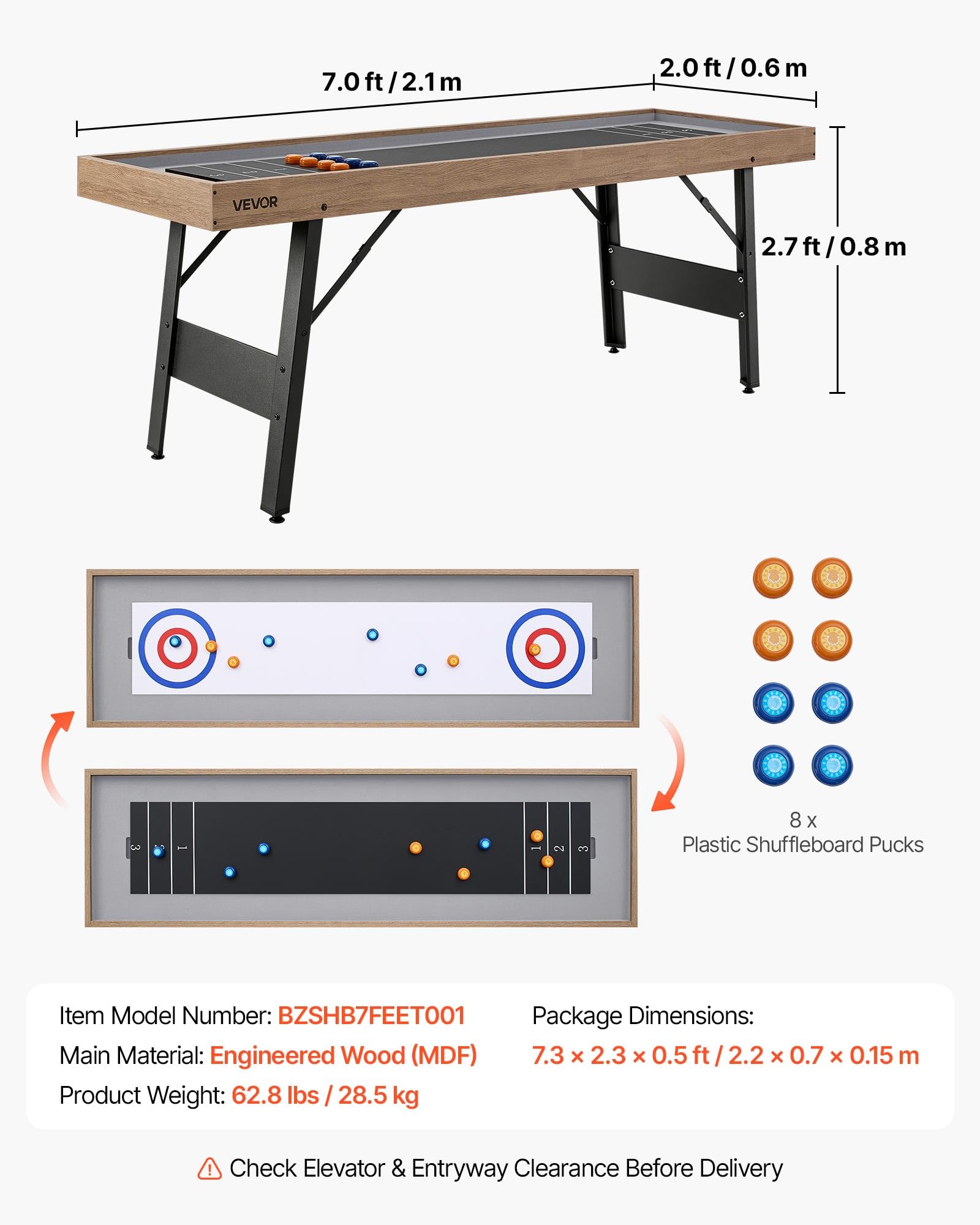 VEVOR Shuffleboard 2 in 1, 2,1 m, 2,7 m, 3,6 m, set combinato Shuffleboard e bowling, con campo di gioco antigraffio, dischi, set da bowling, cera, pennello, per sala giochi familiare