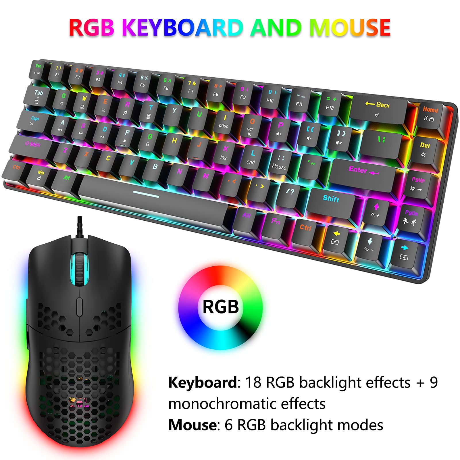 ZIYOU LANG RGB Teclado y Raton Gaming, 68 Teclas Blue Switch 60% Mini Teclado Mecánico QWERTY, 6400DPI Ajustable Panal Ligero Mouse, USB Cableado, Compatible con Windows Mac PS4 Xbox, Negro