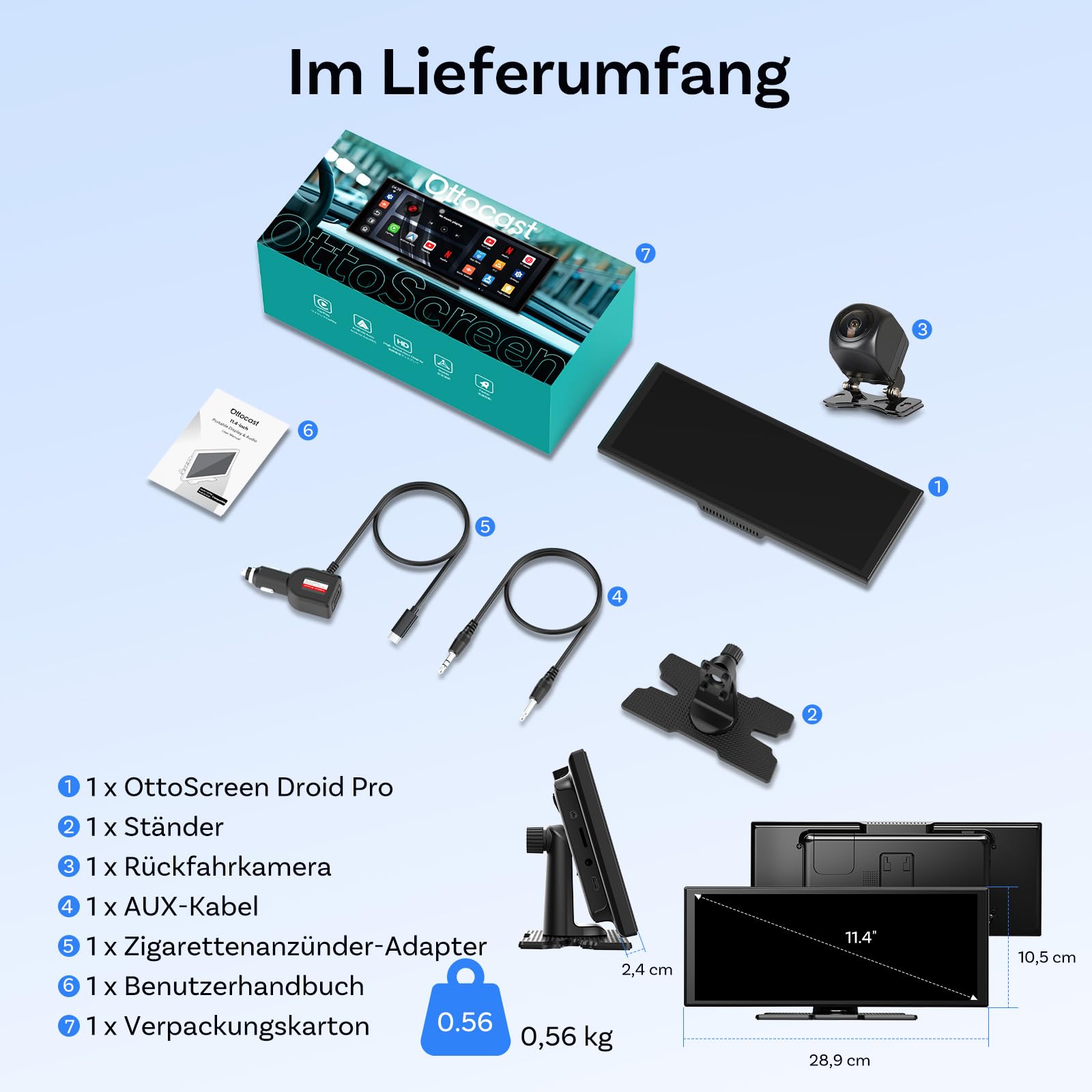 OTTOCAST ScreenFlow, Carplay Display mit YouTube, 11,4 Zoll Carplay Android Auto car Multimedia Player mit 1080P Rückfahrkamera 1920×720P Touch Screen 2.4G/5G WLAN Bluetooth for iOS 8+ Android 11+