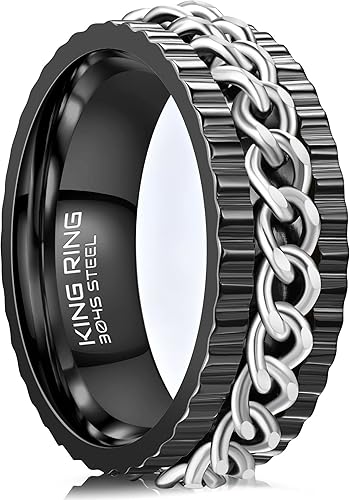 King Ring 8mm Sonic Fidget Ring  K14 Stainless Steel Curban Chain Spinner Ring for Men & Women  Designed in USA