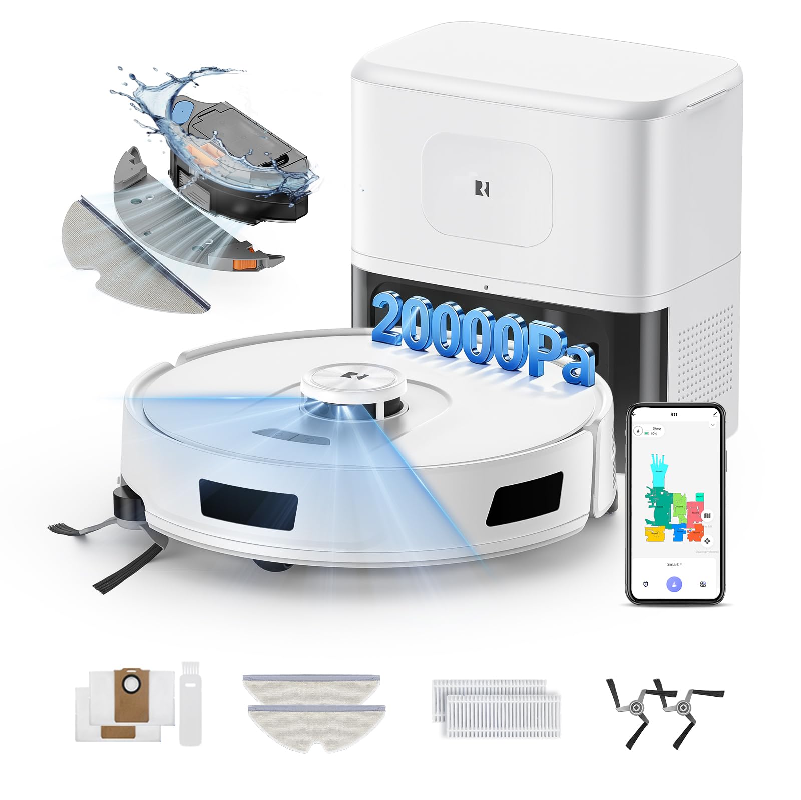 R11 Saugroboter mit Wischfunktion mit Kartenmapping, 20000Pa, Selbstentleerungsstation 120 Tage, Autoladender Staubsauger Roboter für Teppiche/Böden/Tierhaare