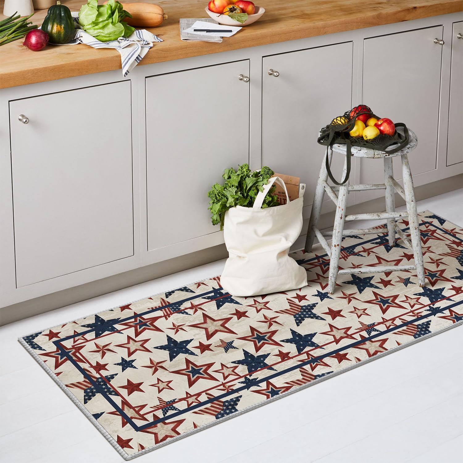 Artoid Mode America Stars Memorial Day Runner Rug, 4th of July Patriotic Home Decor Low-Profile Non-Slip Washable Area Rug for Entryway Bedroom Kitchen Laundry Room Indoor 2x6 Feet