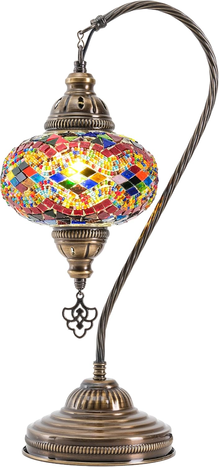 Mozaist Turkish Mosaic Lamp – Handmade Swan Neck Table Light with Multi Color, Includes Bulb