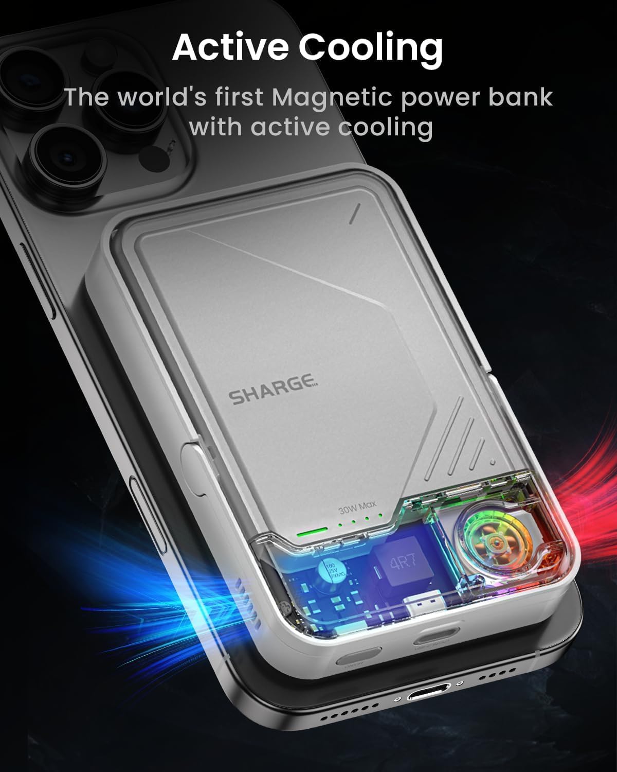 sharge ICEMAG 2 MagSafe Power Bank, 15W Qi2 Magnetic Portable Charger with Active Cooling 10000mAh(5000mAh*2) Battery Pack with Foldable Stand Transparent, Design for iPhone 17/16/15/14 Series