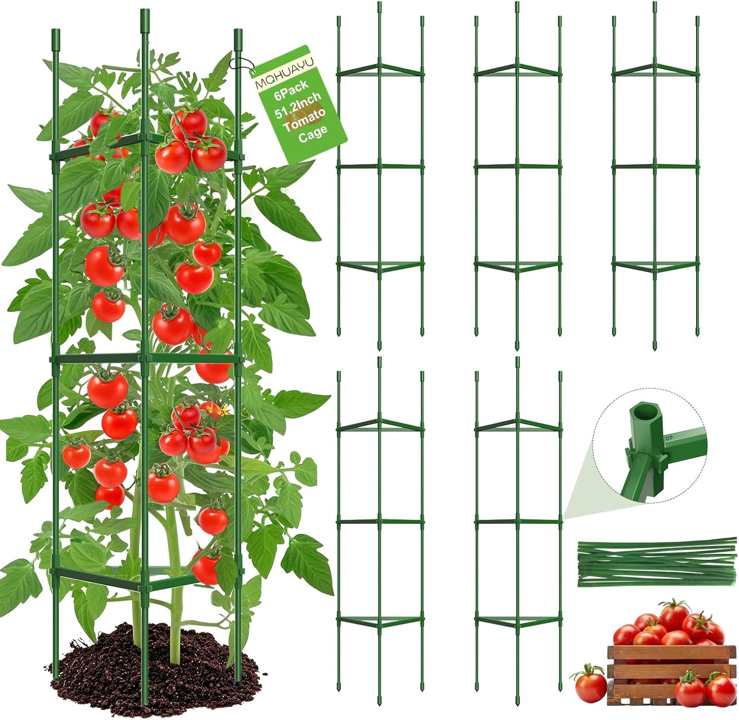6 Pack Tomato Cages for Garden,Up to 51.2Inch Tomato Cage Trellis-Upgraded Hexagon Connector,Heavy Duty Adjustable Tomato Stake Support for Raised Garden Bed