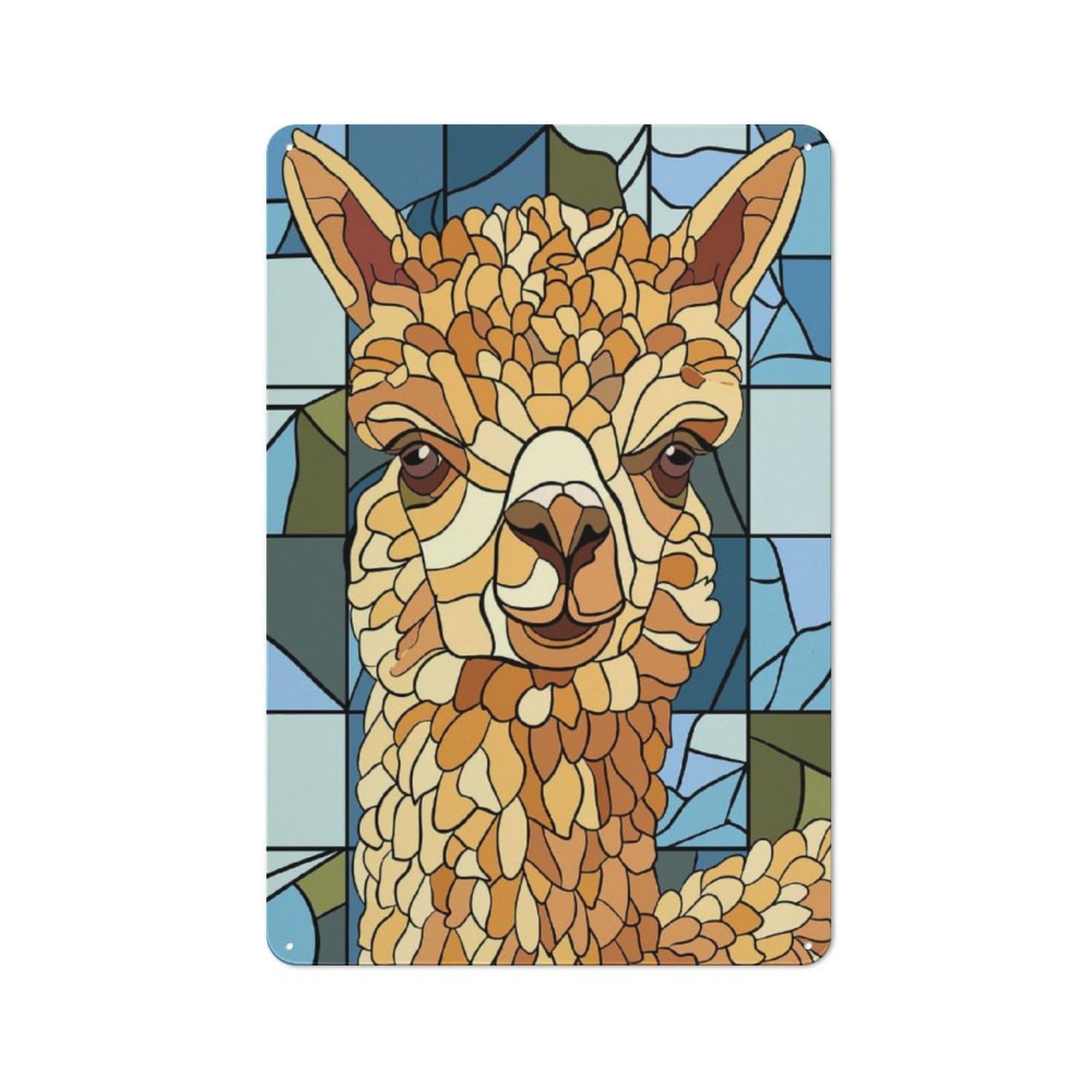 Junmoney Style-14 Stained Glass Alpaca Portrait Printed Metal Sign 30X20cm For Workshop Wall, Suited To Metal Sign Collectors, For Retro Home Interiors