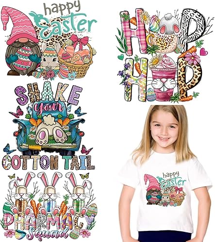 Parches de Pascua para planchar para ropa, 4 hojas de calcomanías de transferencia para planchar de conejo de Pascua, calcomanías de vinilo lavables