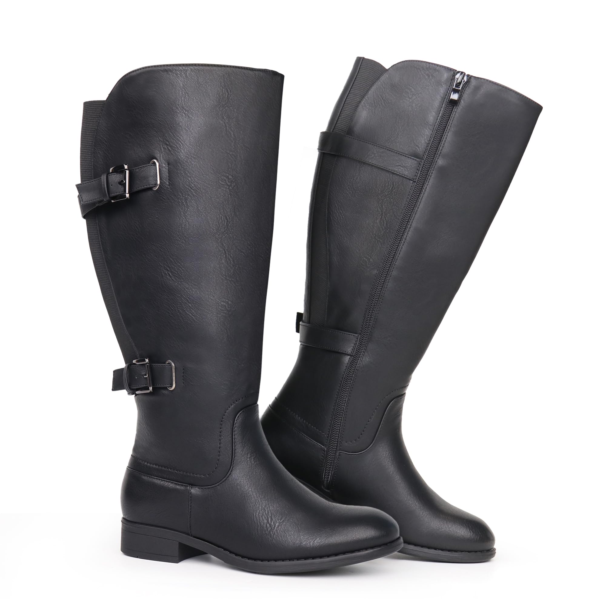 Botas clásicas de caña ancha con tacón plano y doble hebilla trasera elásticas para mujer