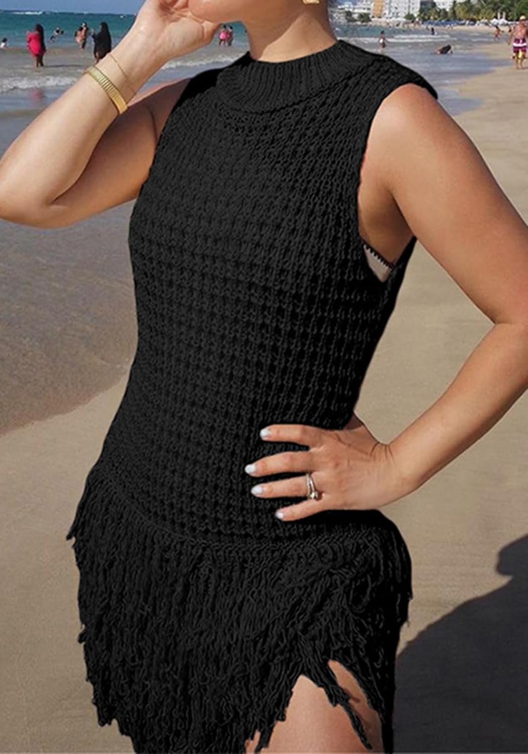 Tcremisa Women's Crochet Fringe Mini Dress Slim Fit Sleeveless Hollow Out Bodycon Short Knit Pullover Dresses - Image 3