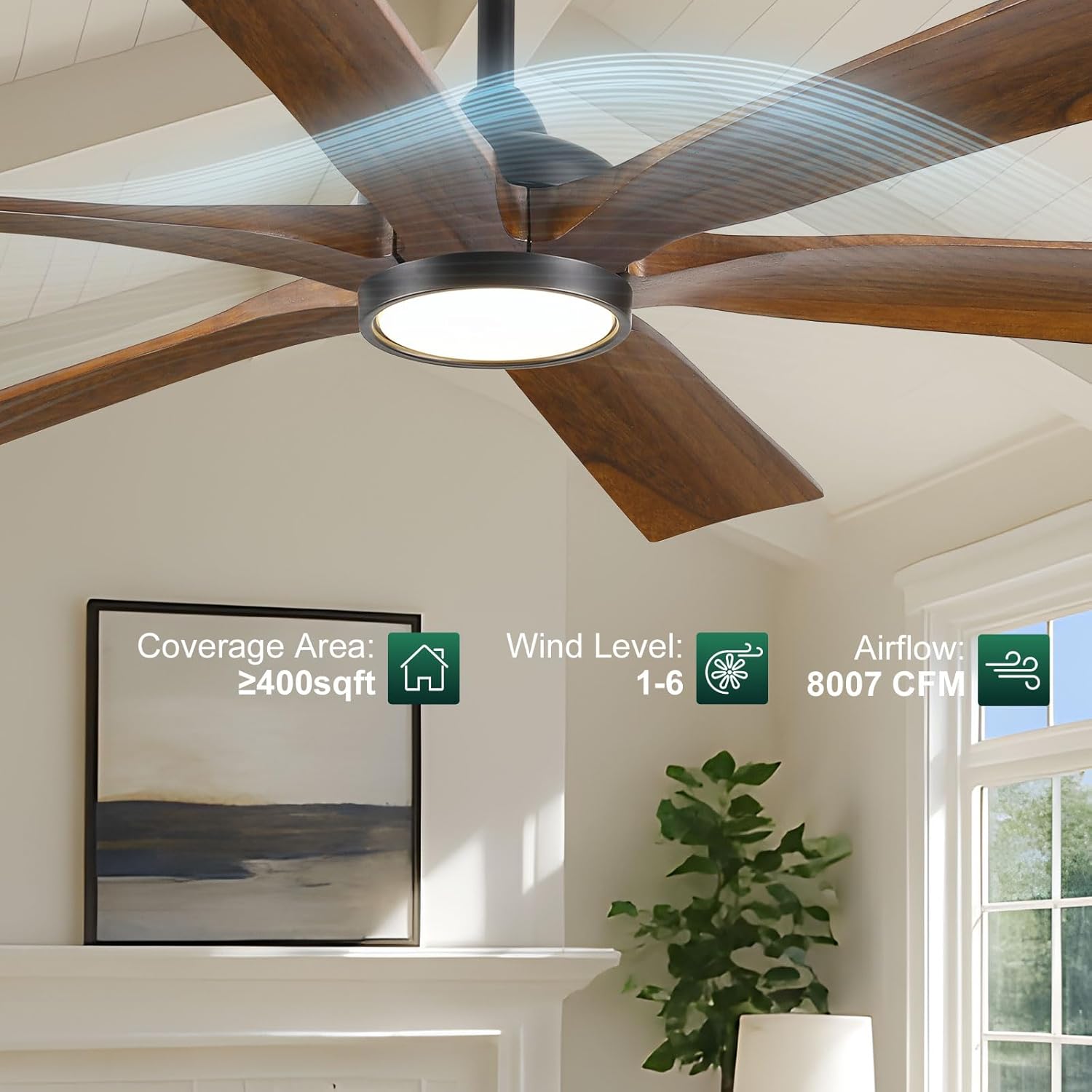 72 Inch Outdoor Ceiling Fan with Light and Remote - Damp Rated for Indoor/Exterior, 6 Brown Wood Blade, Large Airflow Quiet Energy Efficient DC Motor, for Patios Porch Gazebo Garage Farmhouse