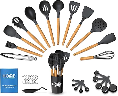 Home Warehouse - 30 piezas - Mejora tu cocina con un juego de utensilios de silicona resistente al calor, con asas de madera para una felicidad de