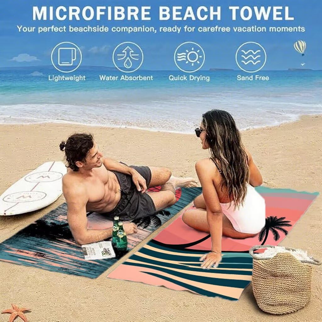 Mikrofaser Strandtuch 90x180cm, Sonnenuntergang Strandtuch Kokosnusshain 2er Set, Saunahandtuch Stranddecke Sandfrei Saugfähig Schnelltrocknendes Leichtes Sporthandtuch für Pool Strand Yoga, Model638