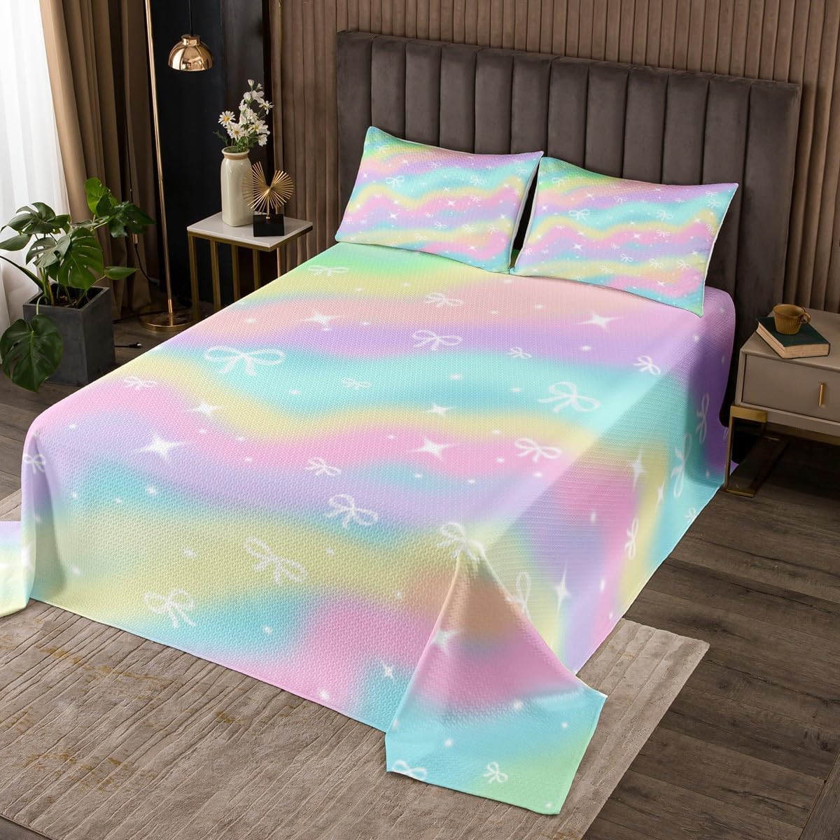 Erosebridal Colorful Gradient Queen Quilt Set for Girls Women, Pastel Rainbow Bedspread Set for Kids, Iridescent Love Heart Printed Coverlet Set All-Season, Romantic Bedroom Decor