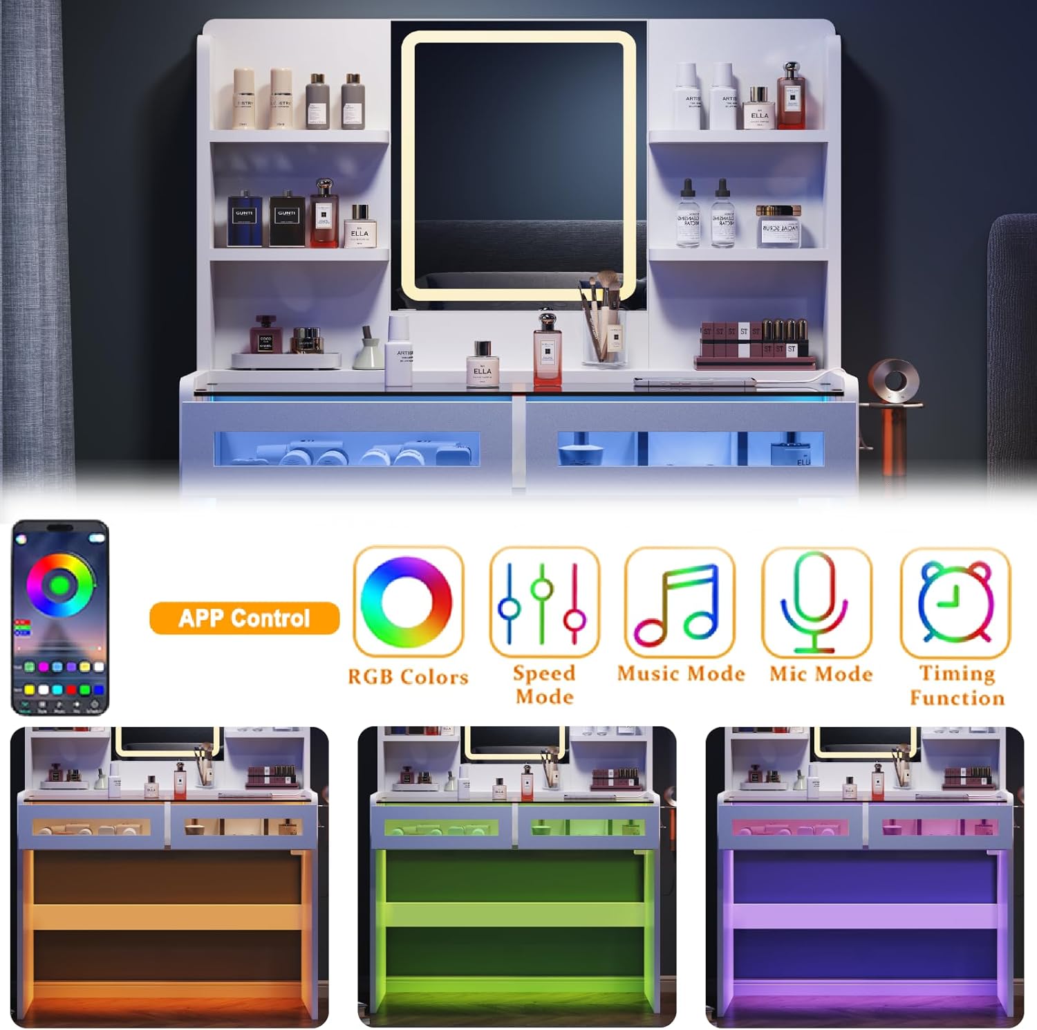 39.37"Makeup Vanity Desk with Smart LED Mirror & Charging Station, Transparent Top with 2 RGB Drawers, 4 Shelves, 3 Lighting Modes & Adjustable Brightness, Modern Bedroom Dressing Table-White