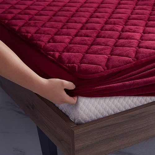 Miniatura 7 de Sábana bajera acolchada de tela de terciopelo cristalino protector de colchón antideslizante banda elástica fijación individual doble (color rojo,