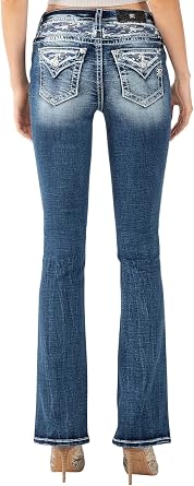 Miss Me Womens Mid Rise Camo Yoke Boot Jeans with Faux Flap Pockets