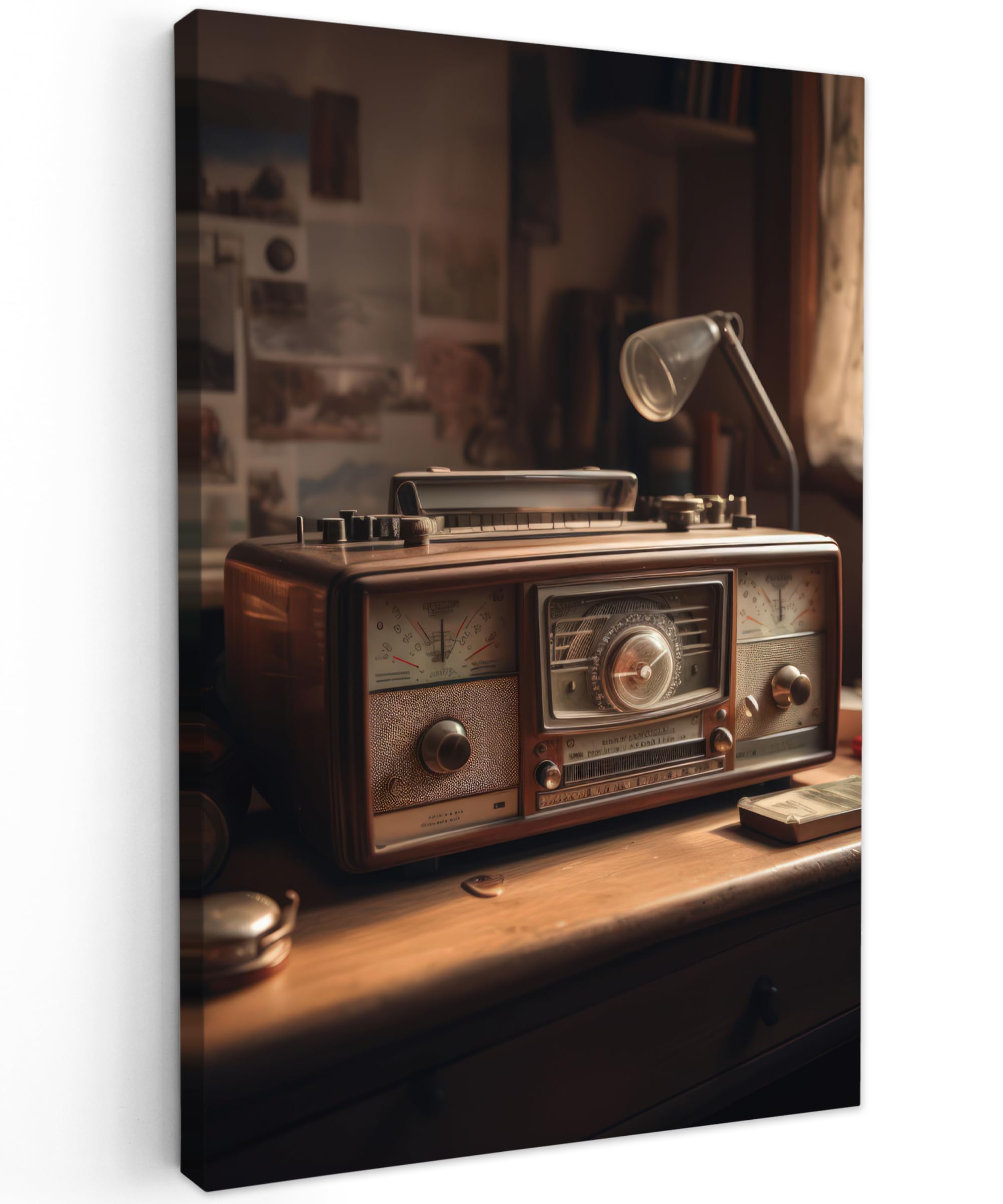 MuchoWow© Wandbilder Groß 80x120 cm XXL Schlafzimmer Home Deko Wohnung Bild Wohnzimmer Fotoleinwand Wand Bilder Leinwand Wall Decor Vintage - Radio - Alt - Schreibtischlampe