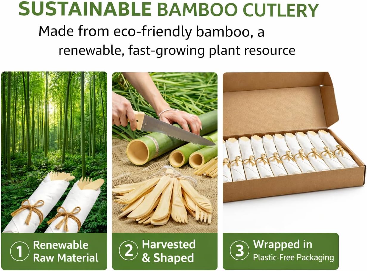 Bamboo Cutlery Set with Napkins - 30 Pack (120 PCS) Premium Eco-Friendly Disposable Utensils - Individually Wrapped Wooden Fork Spoon Knife Set for Party, Picnic, Wedding & Travel