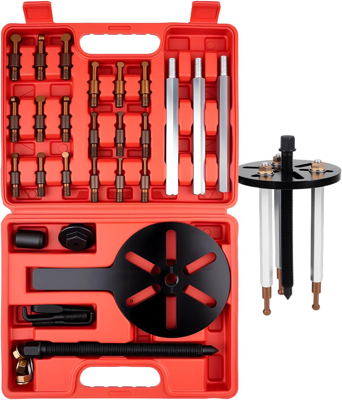 Clatoon 21 in 1 Bearing Puller, Bearing Puller Kit with Curved Hook and Red Steel Collet Multifunctional Bearing Removal Tool, Bearing Disassembly Gear Three-Jaw Puller