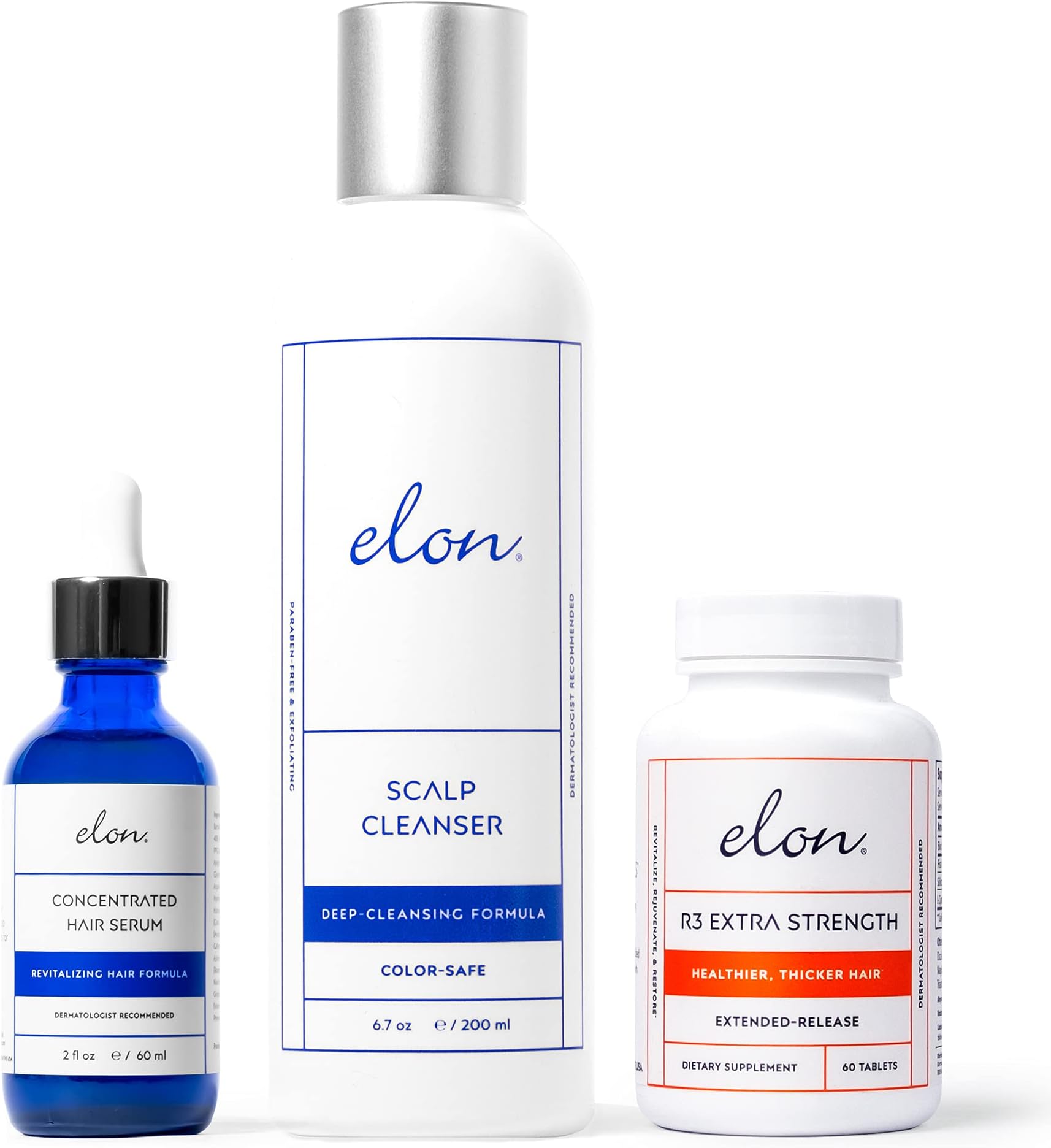 ELON Hair Thinning System Treatment for Advanced Hair Loss – Includes Scalp Cleanser, Concentrated Hair Serum for Hair Growth, R3 Extra Strength Hair Growth Supplement - Suitable for All Hair Types