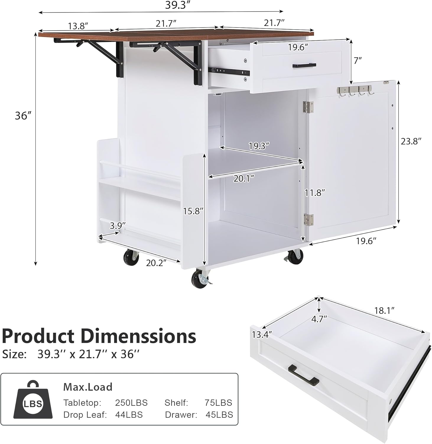 39.3" Kitchen Island with Side Drop Leaf, Space-Saving Rolling Kitchen Cart with Lockable Wheels, Storage Island with Open Side Rack, One Drawer & Towel Rack, for Kitchen, White