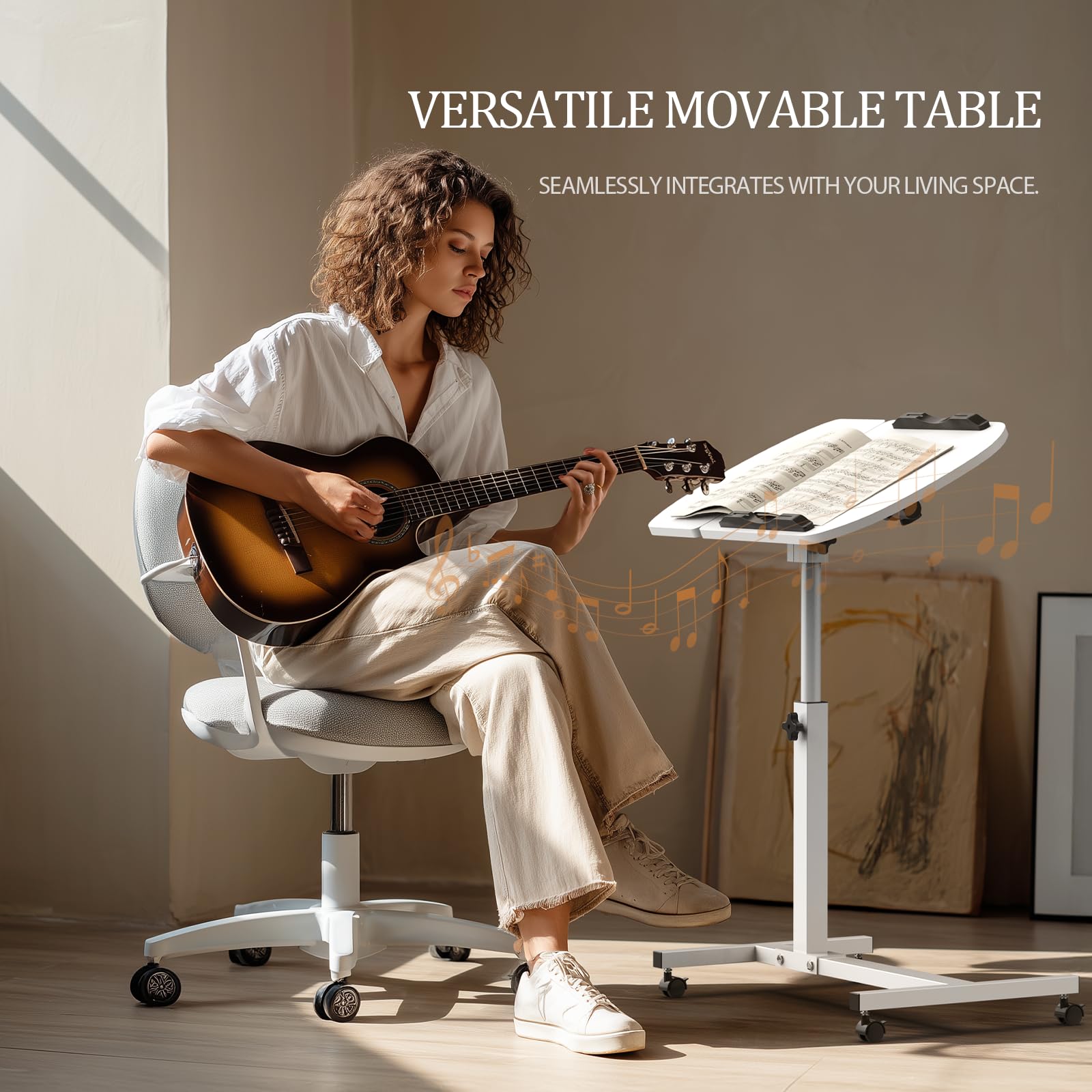 Huracan Table de lit avec roulettes pour ordinateur portable, réglable en hauteur, 59 à 89 cm, double plateau 40 x 40 et 20 x 40, mobile, table de chevet, pour lit d'hôpital, chambre et salon, blanche
