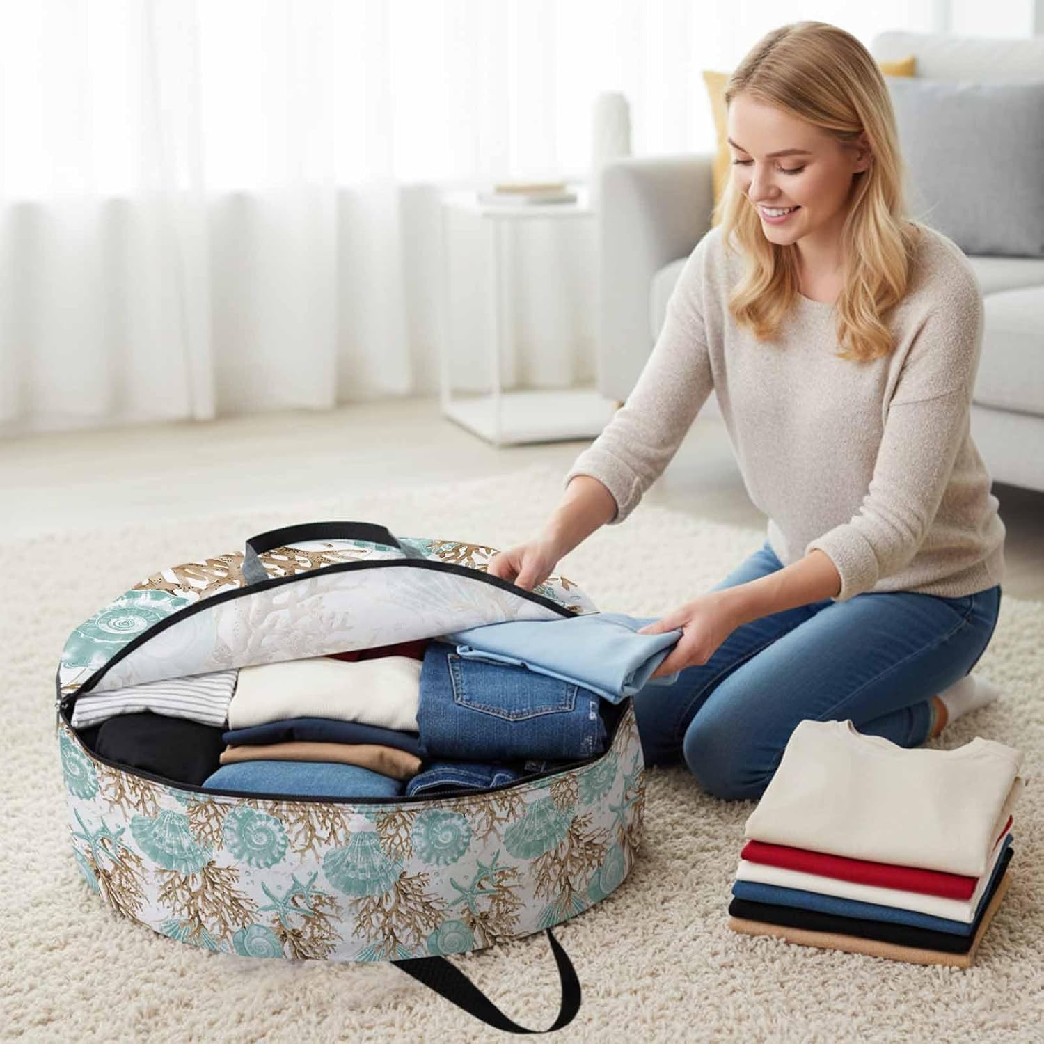 Teal Starfish Shell Round Storage Bag 36 Inch, Brown Watercolor Coral Summer Coastal Clothes Storage Container with Handles Heavy Duty Organizer for Comforter, Bedding & Holiday Wreaths