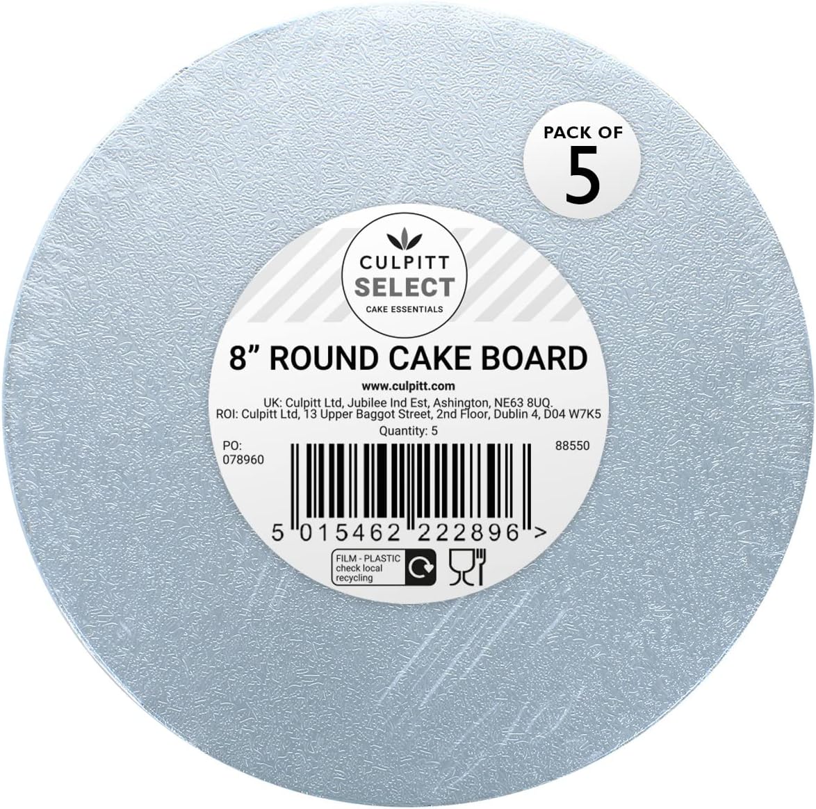Culpitt CSR8AMZ5 8" Round Cake Cards, Silver Cake Boards, 1.8mm Thick