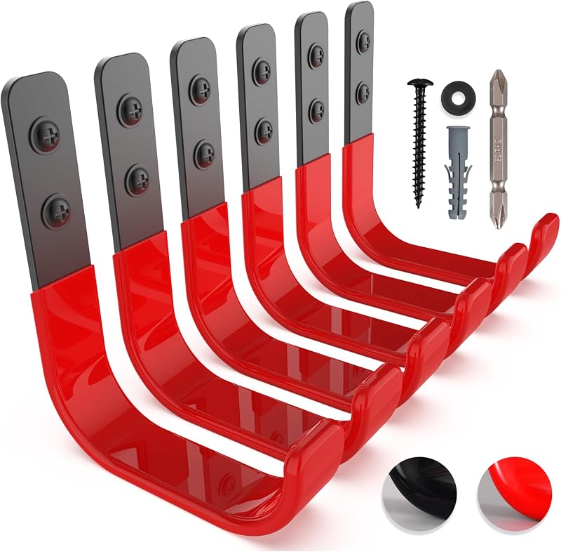 4 Inch Garage Hooks, 6 Pack Heavy Duty Wall Hooks for Hanging | Ladder Hooks for Garage Wall Mount, Steel J Utility Garden Hose Holder Tool Organizers and Storage | 55lbs