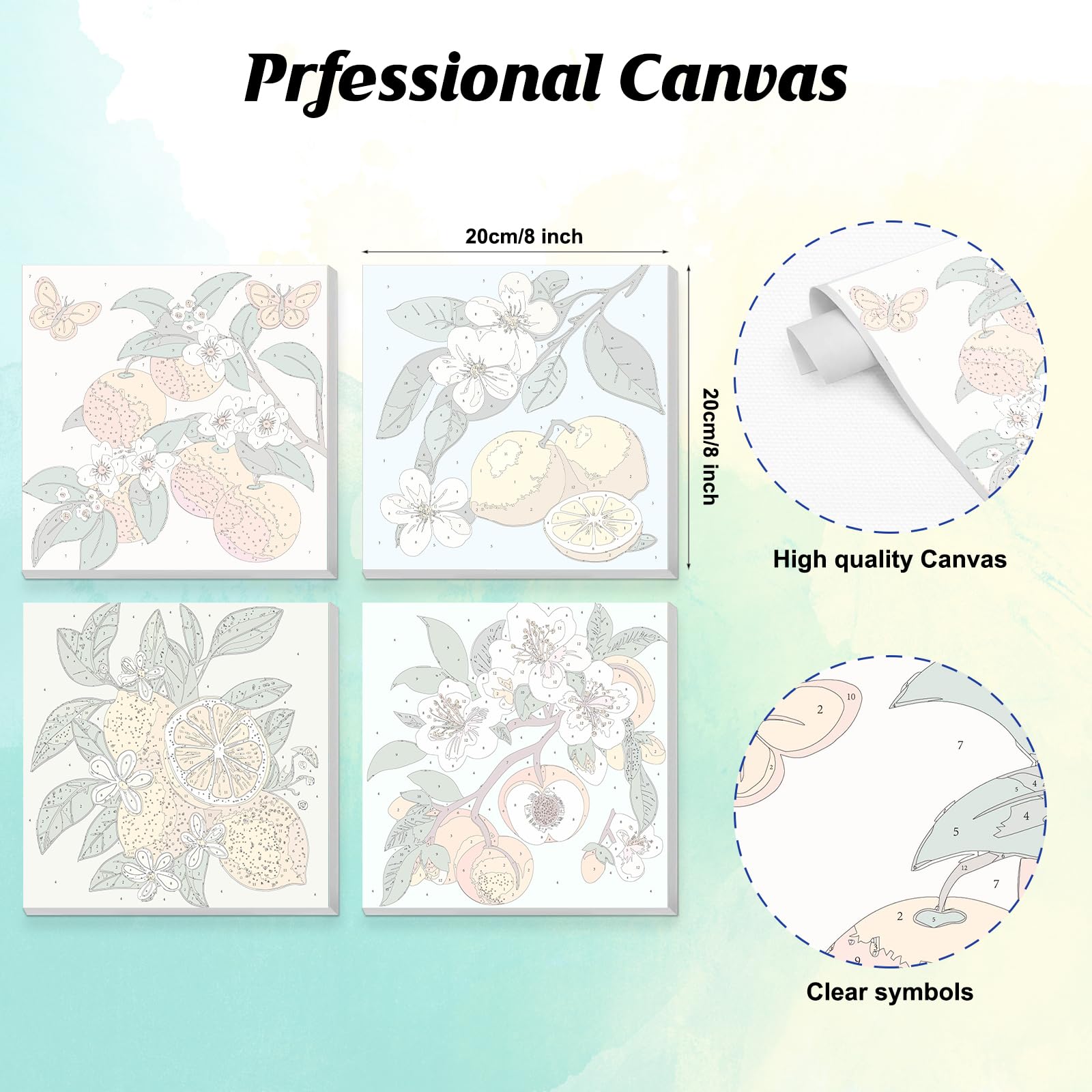 MAXBYE 4 Pack Pintar por Numeros Adultos con Marco, Frutas Kit de Pintura por Números al óleo de Lienzo DIY, Flores Pintar by Number Kits Pigmento Acrílico, Regalo Decoración Hogar 20x20cm