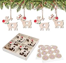 FOGAWA 24 Pieces Christmas Tree Decoration Wood Chip Pendants Reindeer Design with 18 Tree Stickers