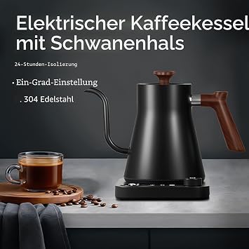 RHD Hot Water Dispenser with Real-time Temperature Setting Gooseneck Kettle Kitchen Aid Kettle 40-100°C Adjustable & Warming Function 1200W Tea Machine 0.9L 304 Stainless Steel Black