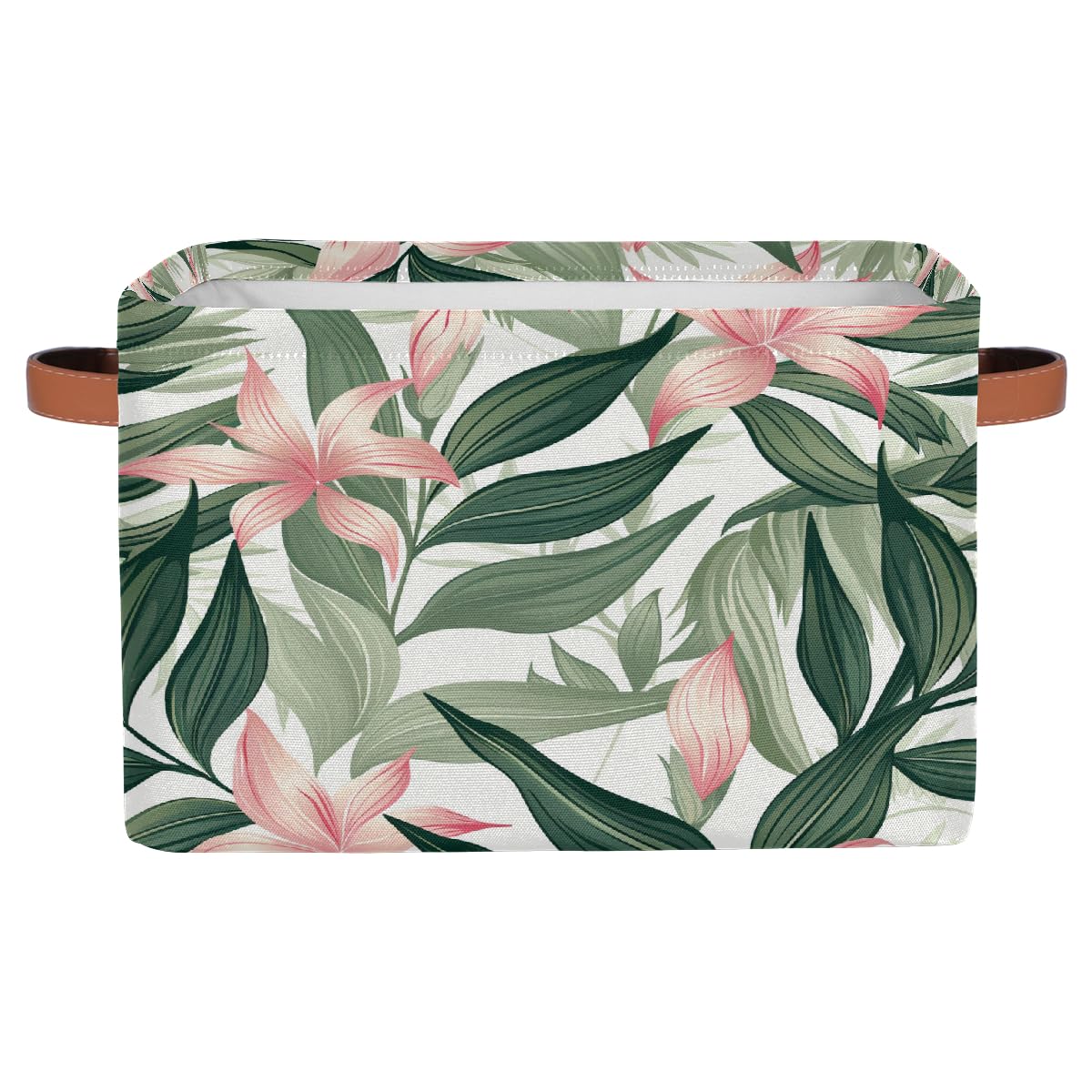 Mexpekil Storage Basket Bin 38x28x24 cm, Fabric Foldable Organiser Box with Handles for Toys, Clothes & Home Organisation, Pink Flower And Leaf