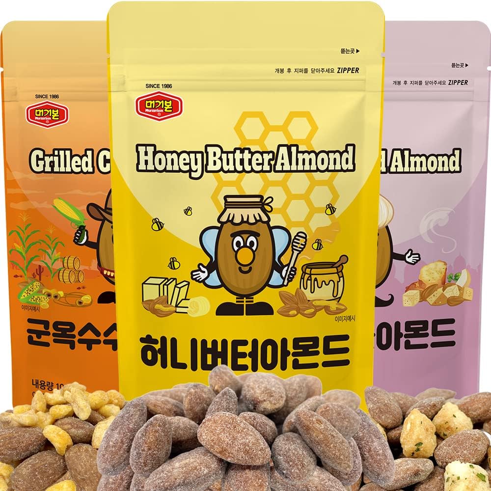 MURGERBON Sweet and Salty Flavored Almond Mix - Garlic Herb Almonds, Corn Flavored Almonds, Honey Butter Almond, Nuts Snack Pack for Adults, Kids, Family Snack, Health Nuts Snacks Gift Idea, Pack of 3