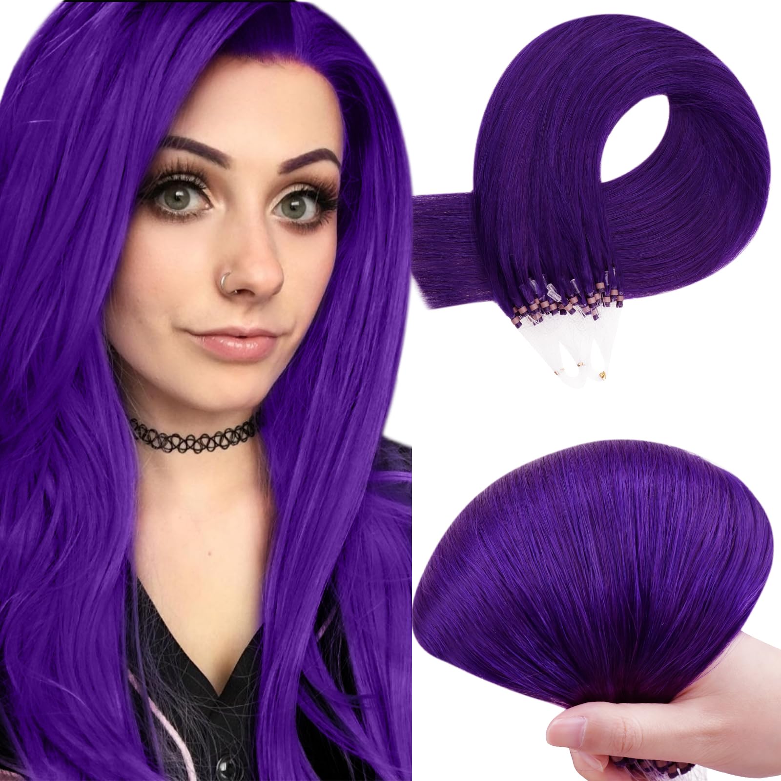 RUNATURE Micro Beads Hair Extensions Real Hair Purple Remy Micro Ring Hair Extensions Invisible Remy Straight Micro Hair 14 Inch 25g/25strands #Purple