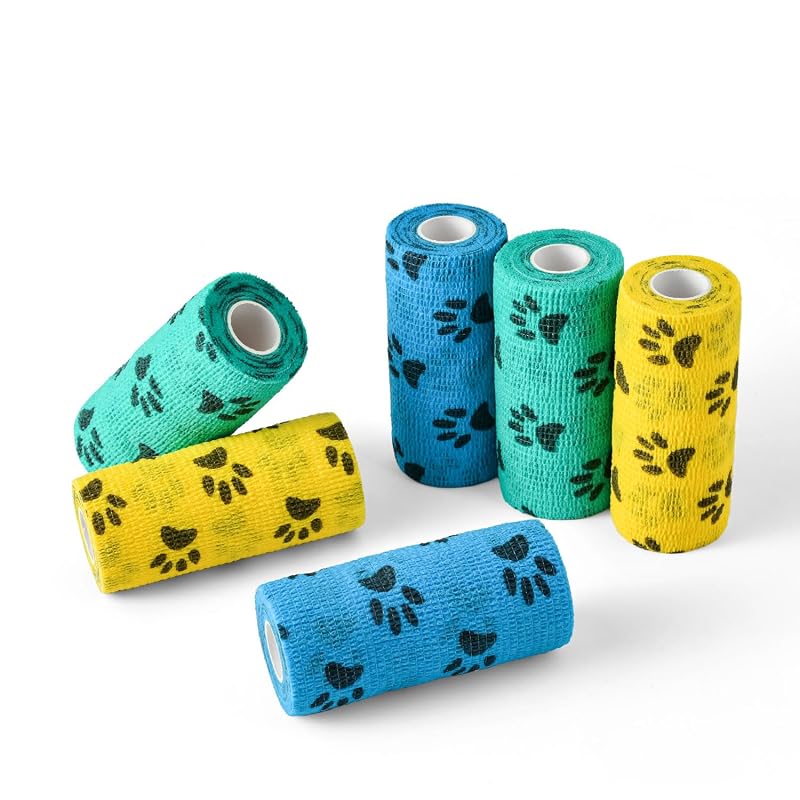 Faixa Coesiva Autoadesiva para Animais WePet, Látex Natural, Pawprints A, 10,16 cm x 4,57 m, Pacote com 6 Rolos