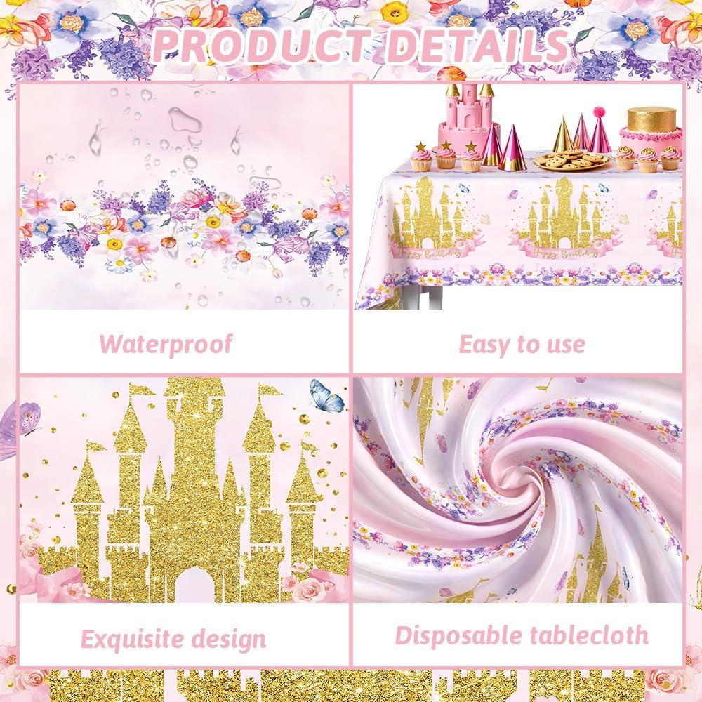 AIBIIN 3 Pack Princess Tablecloth Birthday Decorations Pink Gold Castle Table Cover Decorations Disposable Plastic Rectangle Floral Table Cloth for Princess Birthday Party Supplies 54 x 108 Inch