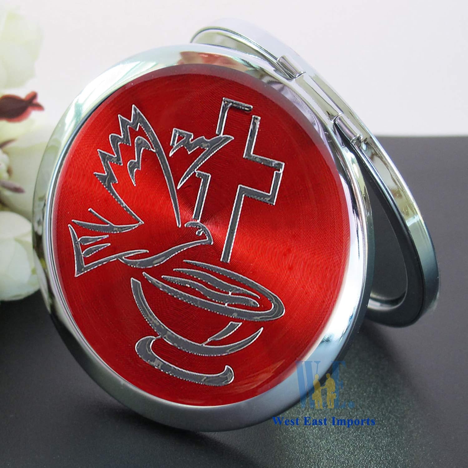 12 PCS Red Compact Mirror with Dove Design - Confirmation Favors/Religious Event/Purse Makeup Mirrors in Decorated Gift Bags (red-1)
