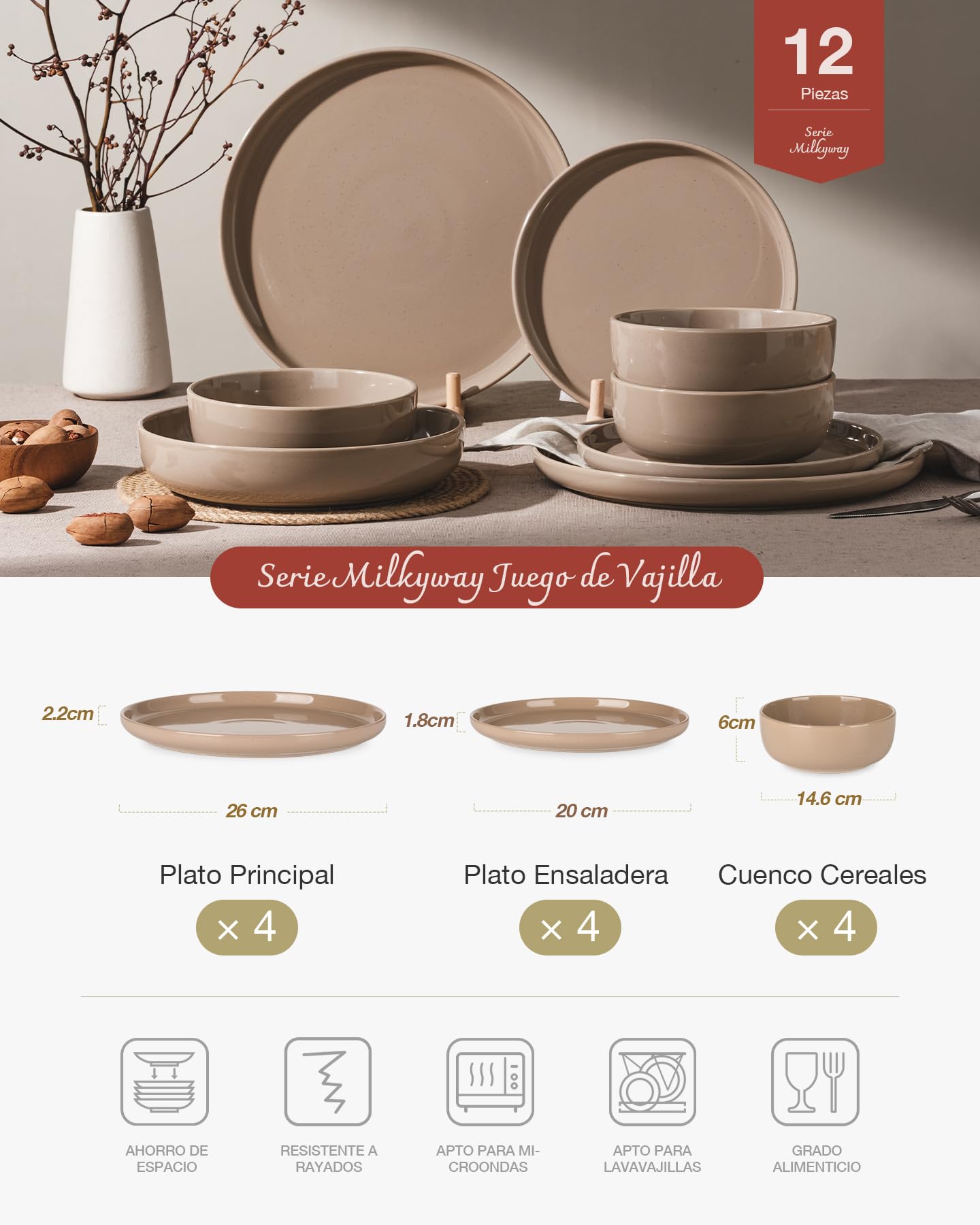 Richmount Milkyway vajilla de 12 piezas, platos y cuencos, canela marrón | Juego de vajilla de cerámica con platos llanos, platos de postre y cuencos para desayuno, apto para microondas y lavavajillas