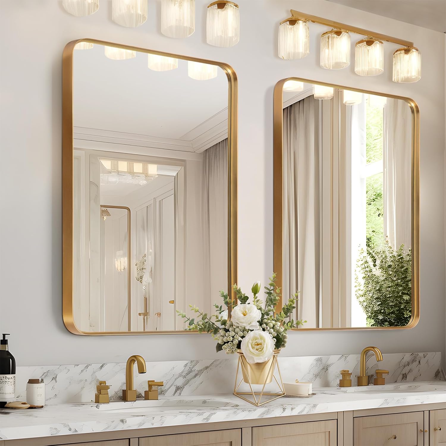PexFix Modern Metal Framed Bathroom Mirror for Wall - 34x26 Inch, Farmhouse Style, Anti-Rust, Tempered Glass, Hanging Options, Large Rounded Rectangle