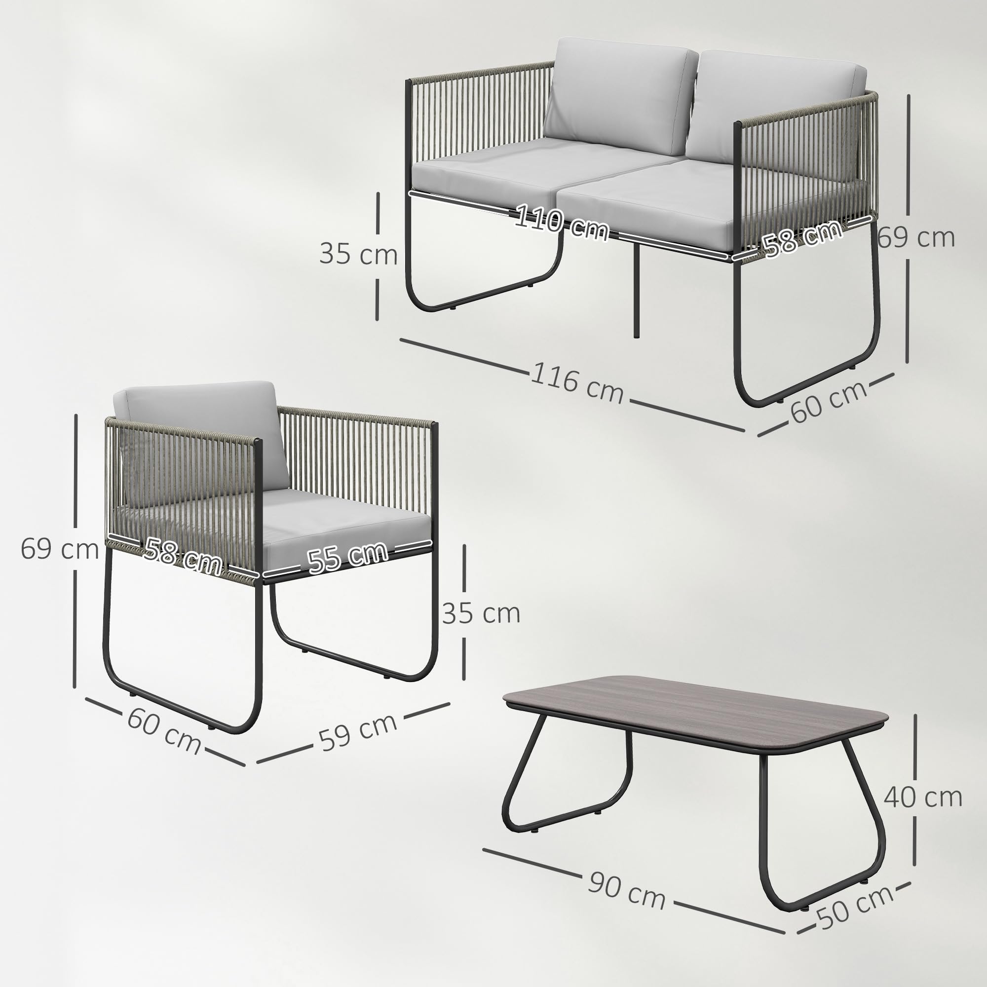 Outsunny Set di Mobili da Giardino in Rattan 4 Pezzi, Salotto da Esterno con Divanetto 2 Posti, 2 Poltrone, Tavolo da Caffè in Vetro e Cuscini Lavabili, Set Giardino Esterno in Acciaio, Grigio Chiaro