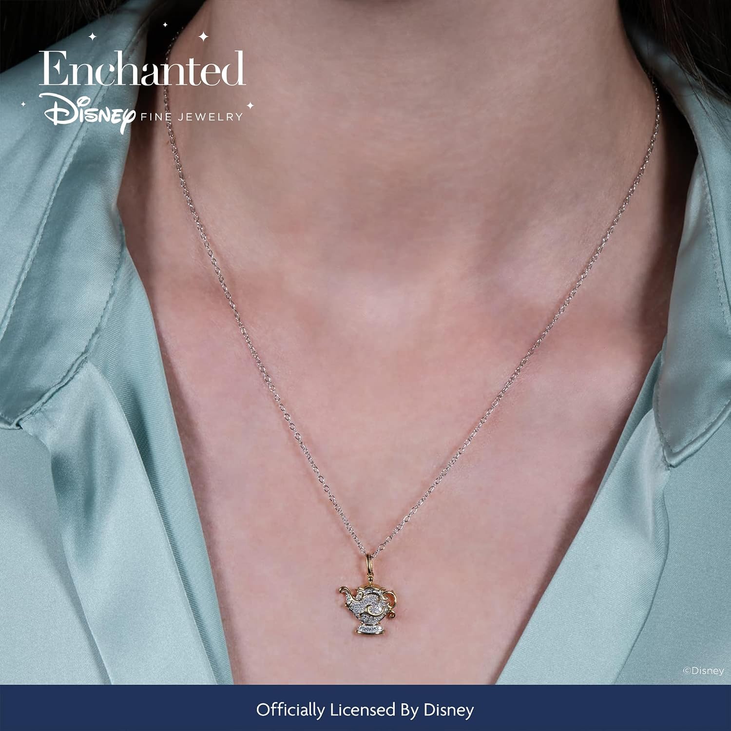Jewelili Enchanted Disney Fine Jewelry 10K Yellow Gold 1/10 Cttw Natural White Round Diamond Belle 30th Mrs. Potts Pendant Necklace, 18" Cable Chain