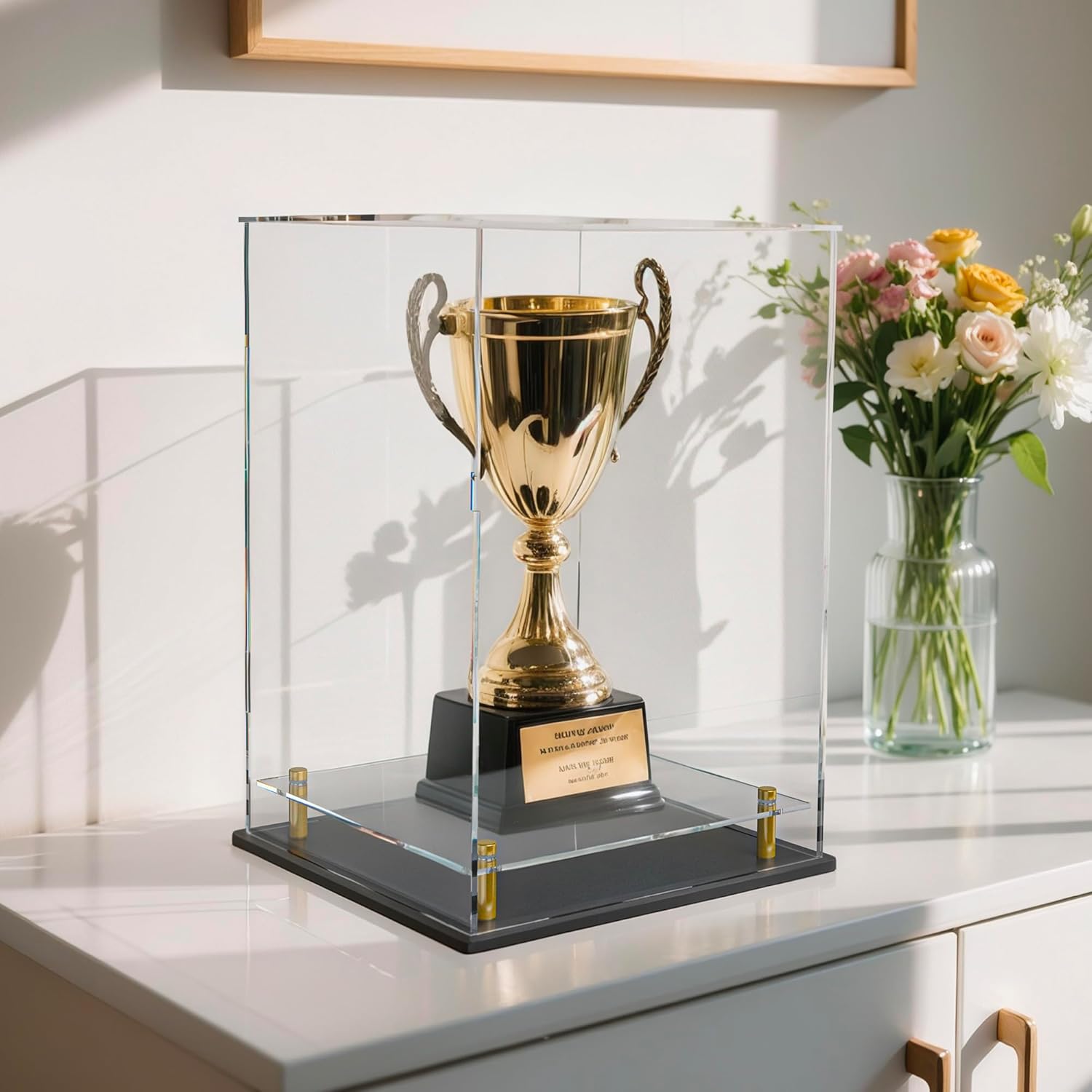 Acrylic Display Case with Floating Shelf & Thick Base – UV-Protected Collectible Showcase for Souvenirs, Figurines, and Memorabilia (8" Lx8 Wx12 H)