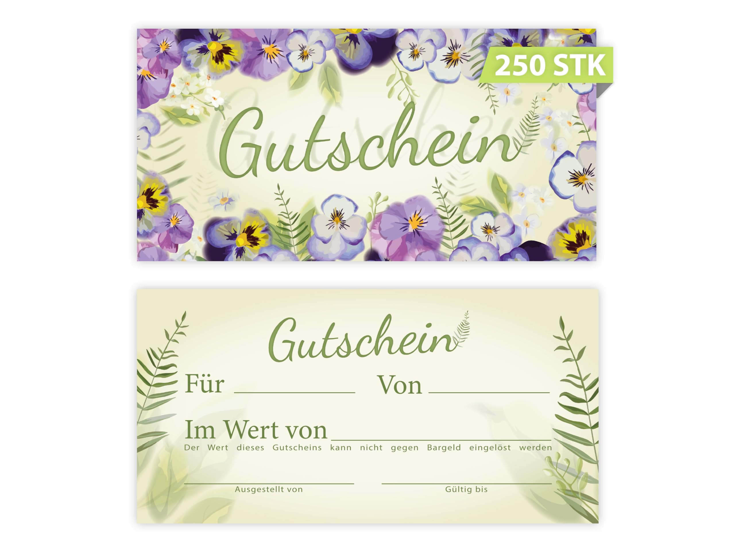 250 Geschenkgutscheine DIN lang plus (21 x 10,5 cm) Design Motiv Natur Veilchen Blumen. Blanko Gutscheine zum Ausfüllen Gutschein Geschenk Karte für Massage Wellness Kosmetik Nagelstudio Spa Beauty