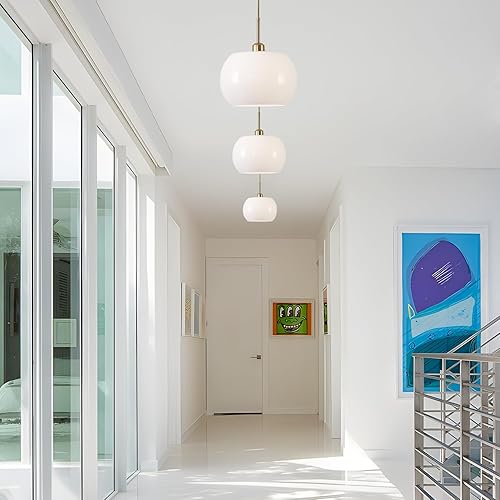 Miniatura 9 de BOKT Lámpara colgante de cúpula dorada de mediados de siglo, moderna lámpara colgante de globo blanco para isla de cocina, lámpara colgante de