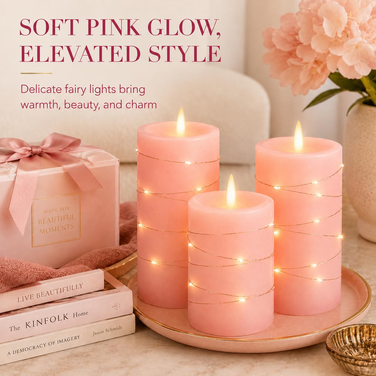 Upinmz Candele tremolanti senza fiamma con luci a stringa incorporate, candele a batteria con telecomando e timer, candele LED per decorazione domestica, vera cera, confezione da 3 pezzi, rosa