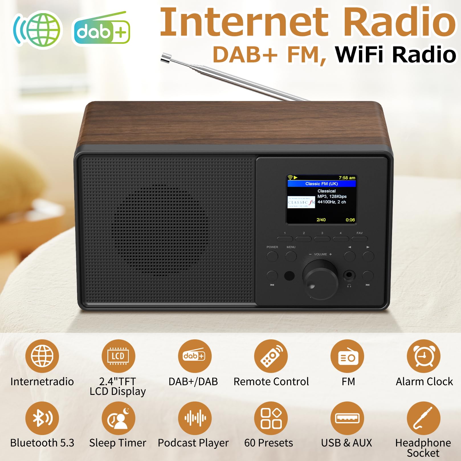 Internetradio WLAN DAB+ Radio mit Bluetooth 5.3 und Farbdisplay | 30.000 Sender, Podcast-Player, USB, AUX, Wecker und Fernbedienung für Küche, Wohnzimmer, Schlafzimmer, Büro und Garten