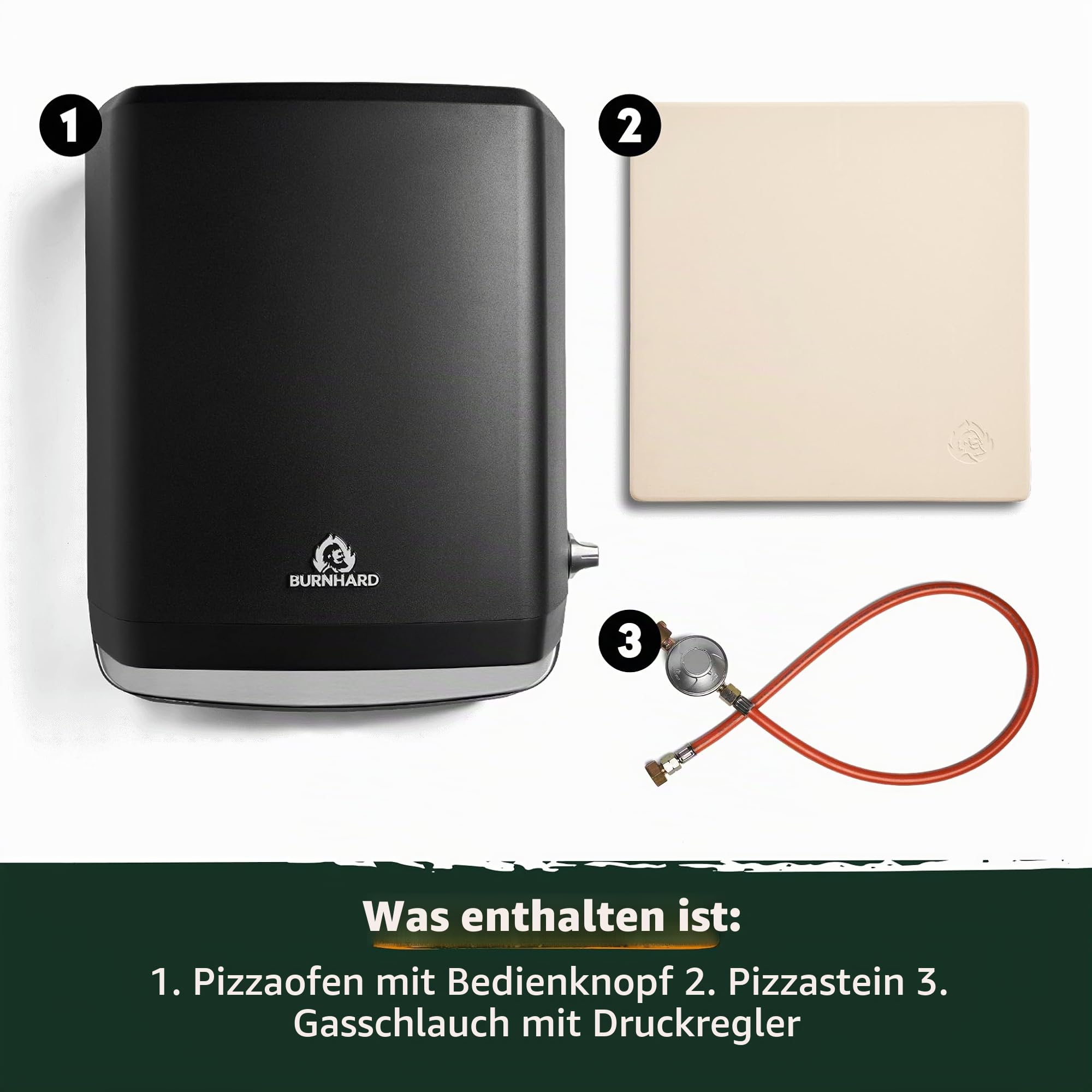 BURNHARD TONY Gas-Pizzaofen 450 °C, 450 °C, tragbarer Outdoor Ofen mit 5,9 kW (58,5 x 47,7 x 24,8 cm), inklusive Pizzastein aus Cordierit, geeignet für Terrasse, Balkon und Garten