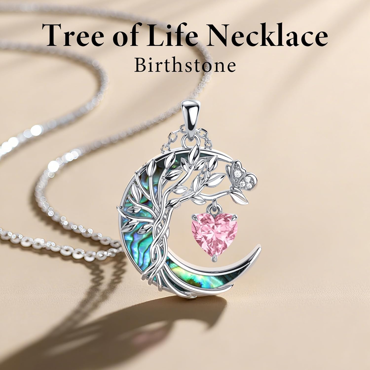 Distance Tree of Life Birthstone Necklace for Women, S925 Sterling Silver Premium Abalone Shell Moon Pendant, Heart Birthstone Necklace Christmas Anniversary Jewelry Birthday Gifts for Her Mom Wife - Image 4