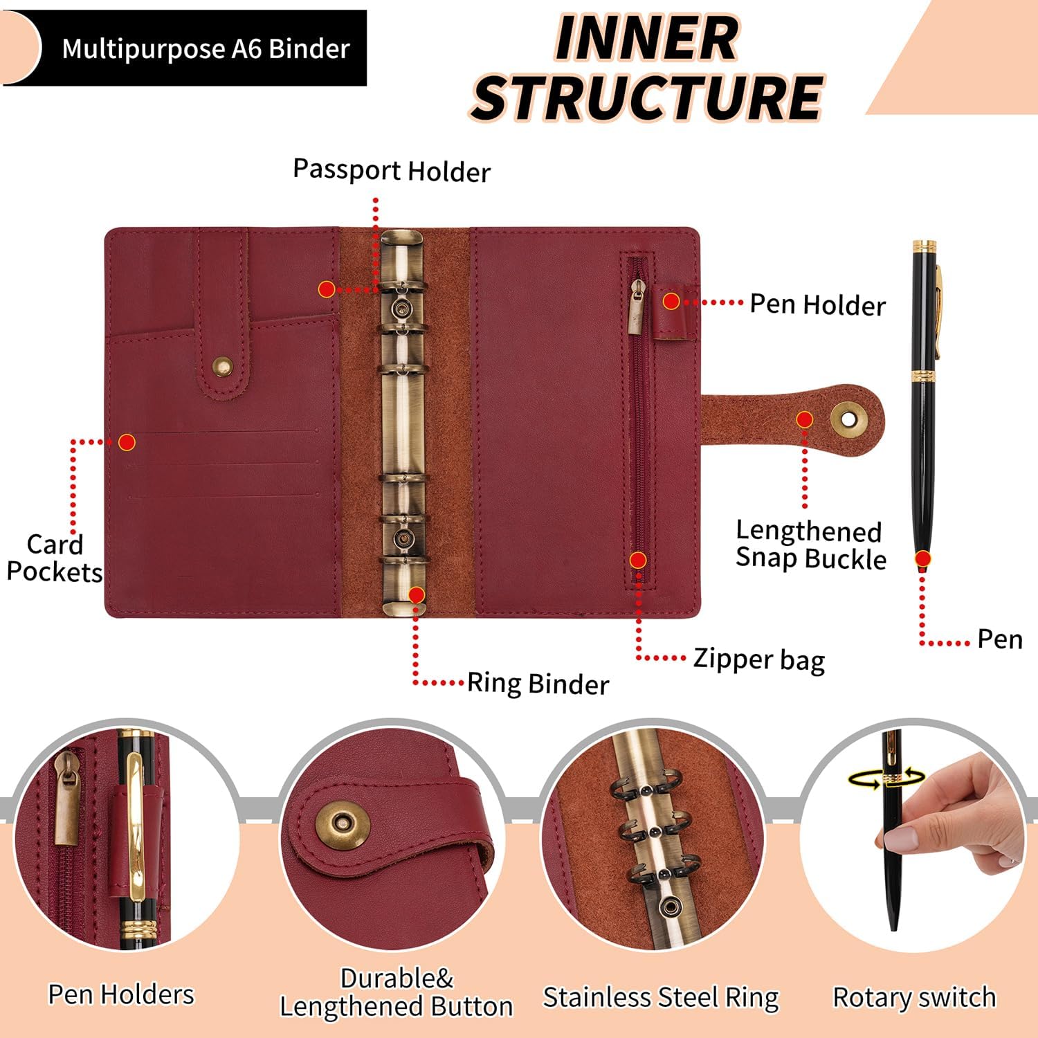 Wonderpool A6 Binder Journal Leather Spiral Notebook Refillable College Ruled Paper, Budget Binder Rings Diary Organizer with Pen for Office School Travel Business Planning Writing (Wine red,A6)